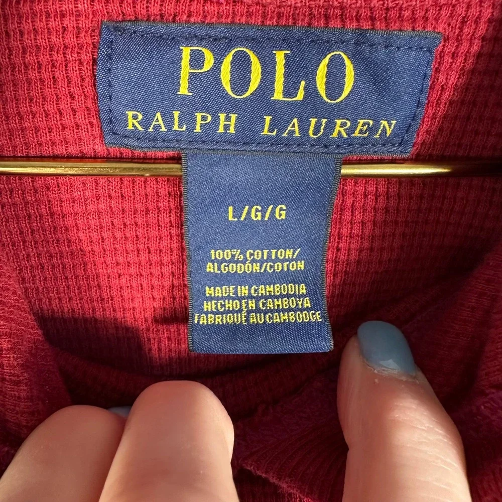 Polo Ralph Lauren Mens Red Waffle Knit Thermal Hoodie Striped Cuffs Large